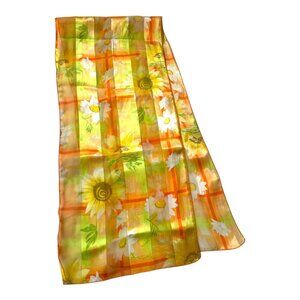 Vintage 1960s–1970s Sheer Floral Scarf Orange Yellow Green Daisy Print Made in U